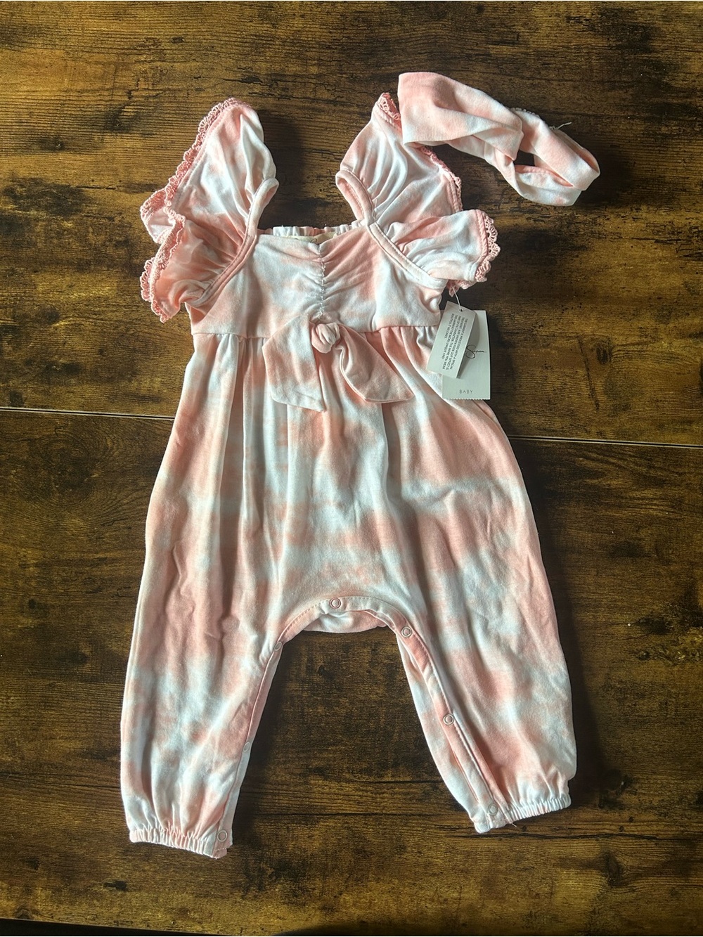 Jessica Simpson Pink and White Tie-Dye Baby Romper with Bow Accent